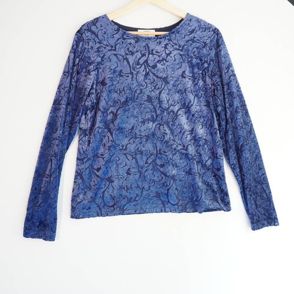 Talbots Velvet Burnout Blue Top Floral Print Long Sleeve Elegant Chic Blouse M